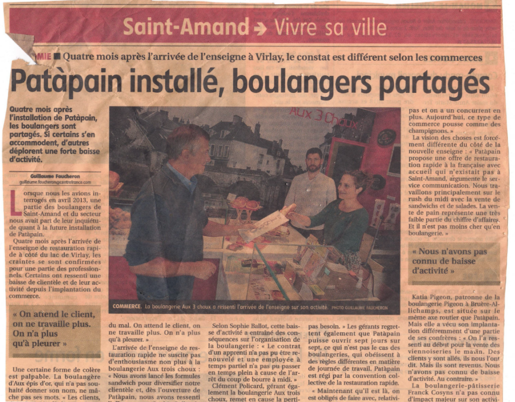 Article de presse évoquant l’arrivée des terminaux de cuisson et de la restauration rapide industrielle à Saint-Amand-Montrond face à la boulangerie artisanale Aux 3 Choux.