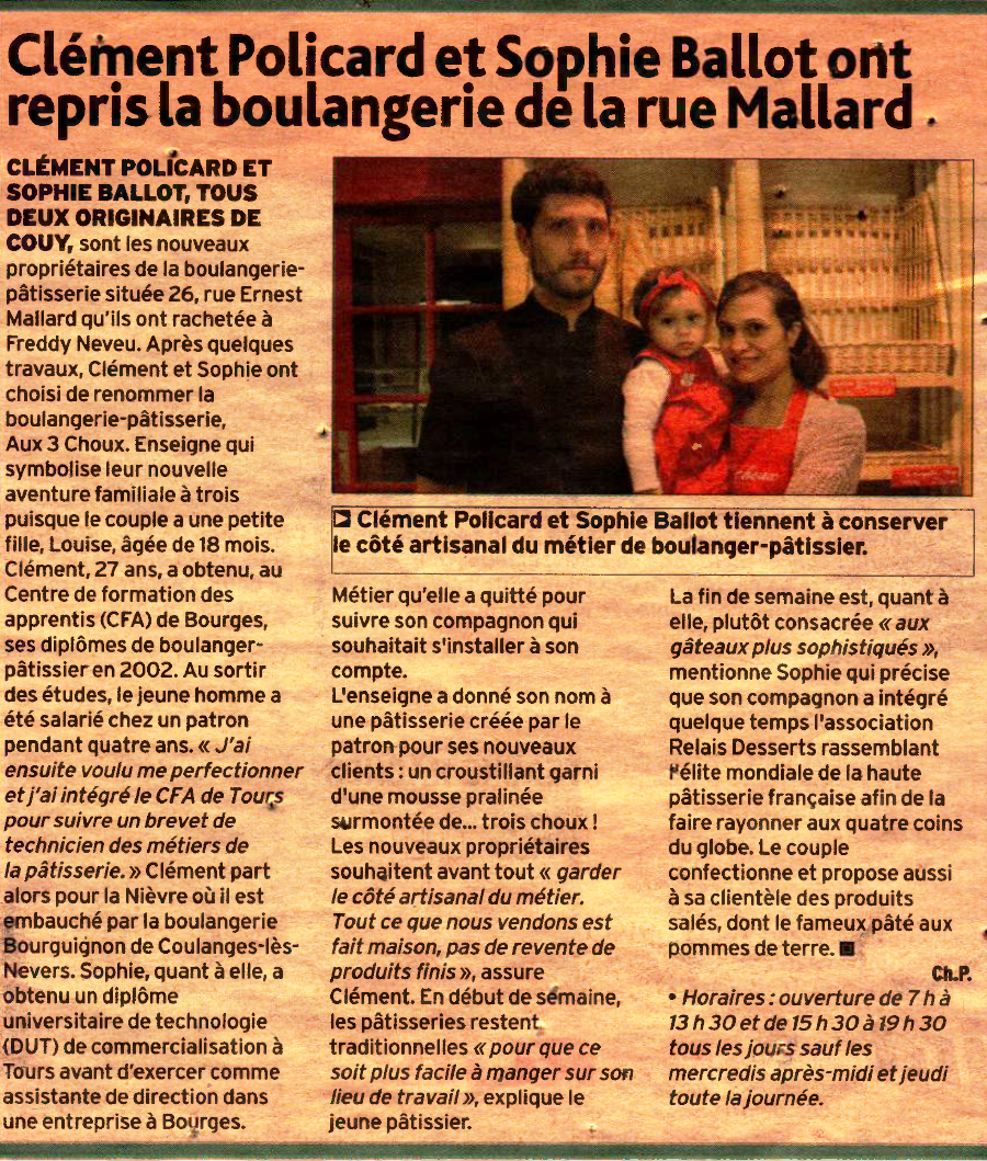 Clément Policard et Sophie Ballot lors de la reprise de la boulangerie pâtisserie 26 rue Ernest Mallard à Saint-Amand-Montrond, première boutique Aux 3 Choux présentée dans un article de presse.